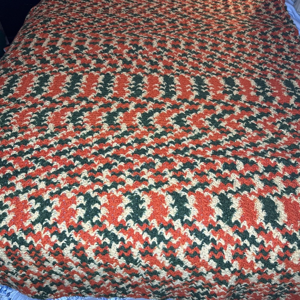 Vintage 70's Crochet Afghan Cottagecore Orange Green Gold Zigzag Chevron 56x80
